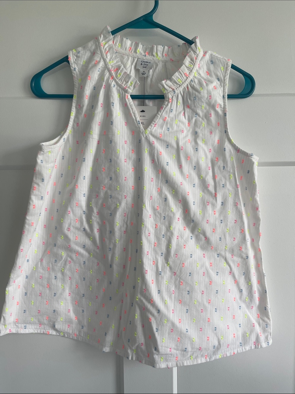 crown & ivy White Sleeveless Tank with Neon Pink Yellow and Light Blue Dot Print